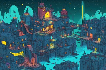 A Vibrant Sprawling Cityscape with Interconnected Walkways and Vertical Gardens in Cartoon Style, Bathed in Ambient Light Against a Night Sky Full of Stars