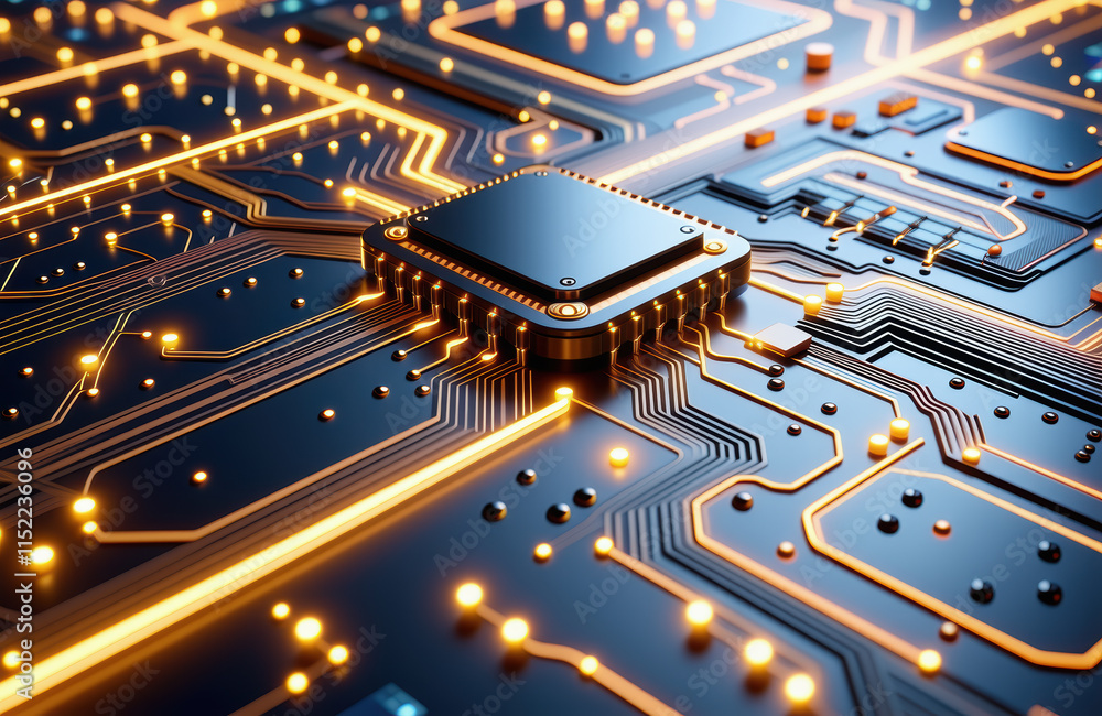 Poster futuristic microchip circuit board with glowing traces in technology setting