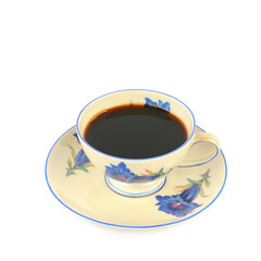 Coffee in vintage porcelain cup isolated on white. Free space for text.
