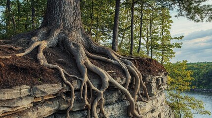 Large roots a tree gripping the edge a cliff, with soil erosion visible