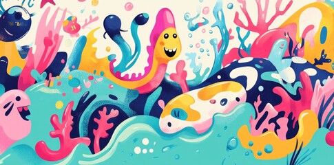 Fototapeta premium Whimsical Underwater Scene With Colorful Creatures and Coral