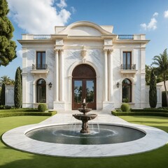 Fototapeta premium A stately mansion in Palm Beach with a grand entrance, a balcony overlooking the front lawn, and a large, ornate fountain as a focal point, surrounded by lush greenery and palm trees. 