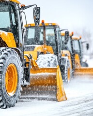 Snowplows lined up in a snowy landscape, ready for winter road clearing.