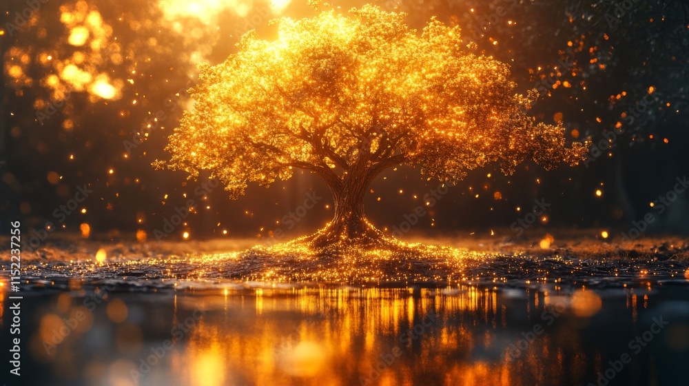 Poster a magnificent tree glows golden under the warm evening sun, surrounded by twinkling lights. its refl
