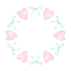 heart, bow. Watercolor round frame template in pastel colors for textile and wrapping paper. Cute watercolor illustration for Valentine's Day