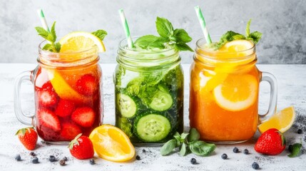 Refreshing Detox Juices in Mason Jars with Herbs