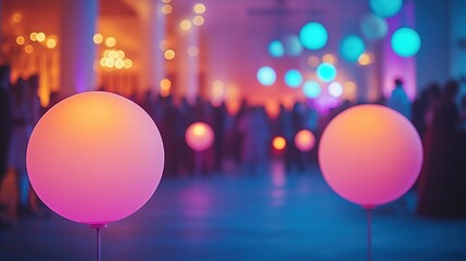 Illuminated spheres create vibrant atmosphere, enhancing lively