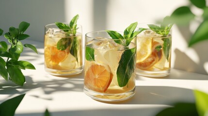 Fototapeta premium Refreshing Lemonade with Fresh Herbs and Citrus Slices