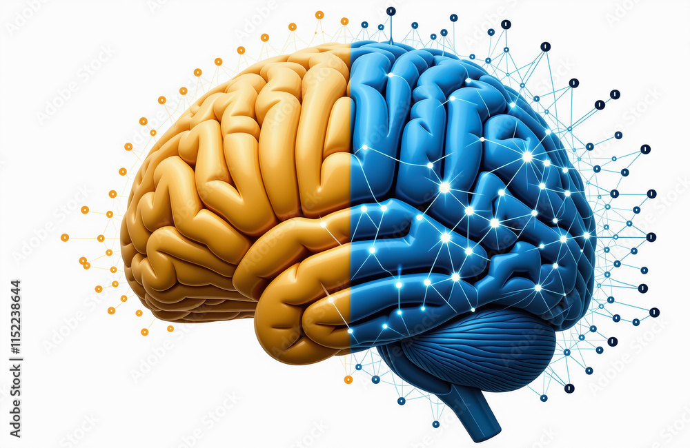 Poster colorful brain design with neural network connections highlighting cognitive networks