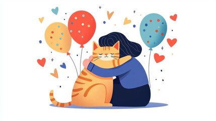 A joyful moment between a woman and her cat celebrating together.