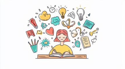 Fototapeta premium A woman enjoys learning, surrounded by creativity and ideas.