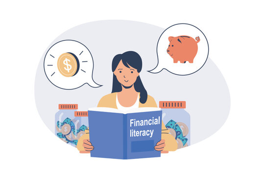 Financial literacy web concept with flat cartoon people for website design.
