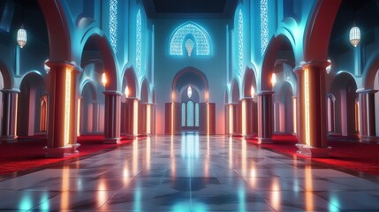 Illuminated mosque interior with vibrant neon lights, arched hallways, and marble floor.