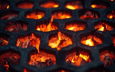 Flames licking through grates of a wood-burning grill, glowing red and orange close-up