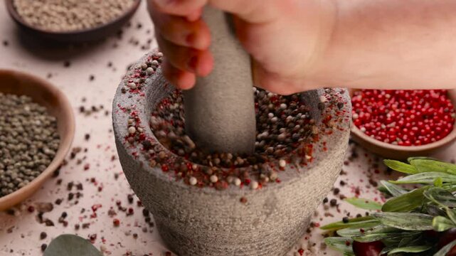 Pestle crushing and grinding colorful peppercorn
