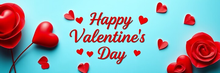 Blue background with red hearts and red roses, Generative AI