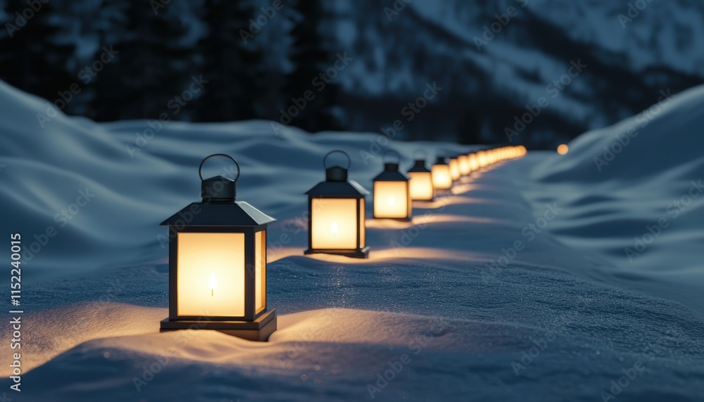 Poster a serene winter path illuminated by glowing lanterns in the snow, creating a magical and inviting at