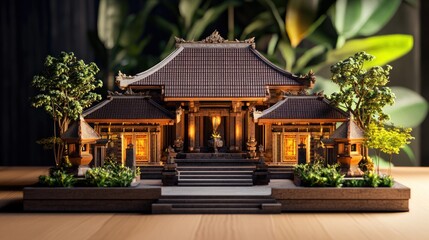 Fototapeta premium Illuminated miniature Asian temple model on wooden surface.