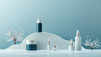 A serene display of skincare products against a calming blue backdrop, featuring elegant containers on a minimalistic snow-like surface.