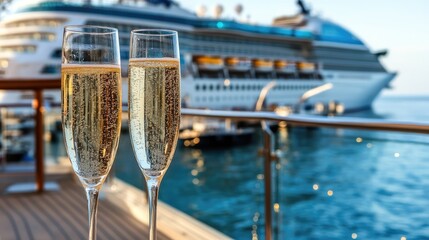 Obraz premium Two sparkling glasses of champagne rest on a deck, overlooking a beautiful ocean and a majestic cruise ship at sunset