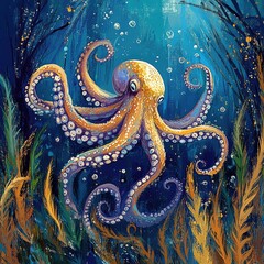 Obraz premium Vibrant Octopus Swims Amidst Ocean Kelp