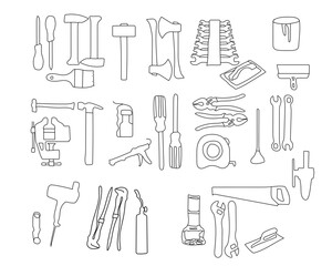 Set of Vector tool big collection. Work tool for repair, painter, builder. Isolated vector illustration in clip art style. Featuring Materials for Various Industry , architecture, engineering.