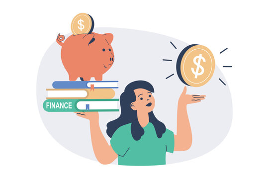 Financial literacy web concept with flat cartoon people for website design.