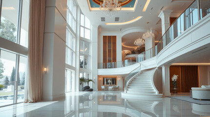 Interior View of a Multi-Story Lobby with Curved Staircase