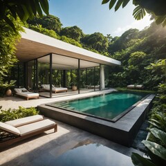 A peaceful and secluded retreat in a tropical paradise, featuring a minimalist structure with a swimming pool and a strong connection to the natural environment through large windows and open spaces.
