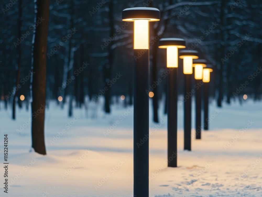 Poster a serene winter scene featuring illuminated lamp posts lining a snowy path in a tranquil forest sett