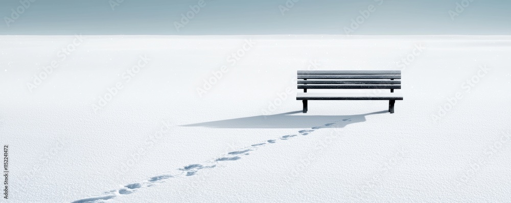 Poster a lonely bench sits in a vast expanse of untouched snow, with a single set of footprints leading tow