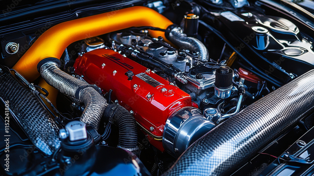 Poster high performance transverse engine with red and chrome modifications and carbon fiber enhancements