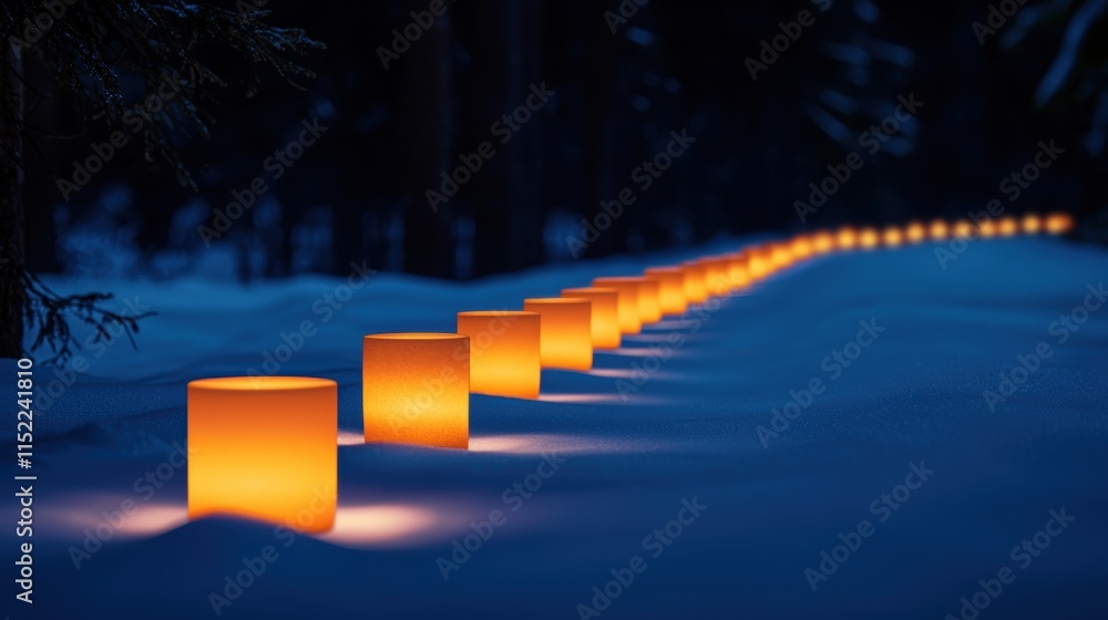 Poster a serene, snowy path illuminated by glowing candles, creating a tranquil and enchanting atmosphere i