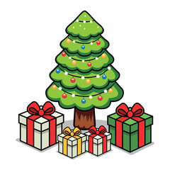Christmas cartoon tree with gift box vector art illustration