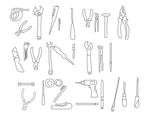 Vector construction inc.tools. Building repair hand tools, renovation kit, hammer, saw, drill and shovel. Home repair tool vector illustration hand drawn set. Repair tool, Paintbrush and saw