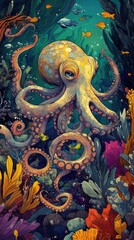 Obraz premium Artistic Octopus in Vibrant Underwater Reef Habitat