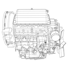 An internal combustion motor. The drawing engine of the machine in section, illustrating the inner structure - the cylinders, pistons, the spark plug. Isolated on white background.