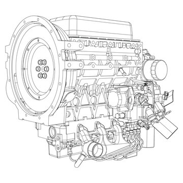 An internal combustion motor. The drawing engine of the machine in section, illustrating the inner structure - the cylinders, pistons, the spark plug. Isolated on white background.