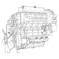 An internal combustion motor. The drawing engine of the machine in section, illustrating the inner structure - the cylinders, pistons, the spark plug. Isolated on white background.