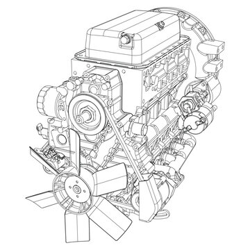 An internal combustion motor. The drawing engine of the machine in section, illustrating the inner structure - the cylinders, pistons, the spark plug. Isolated on white background.