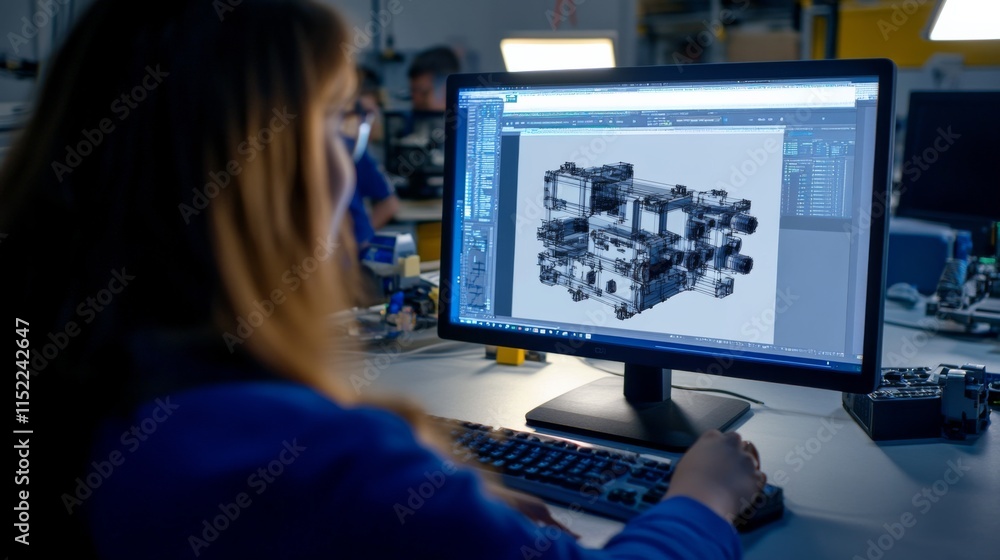 Poster 3d modeling team working on cad software