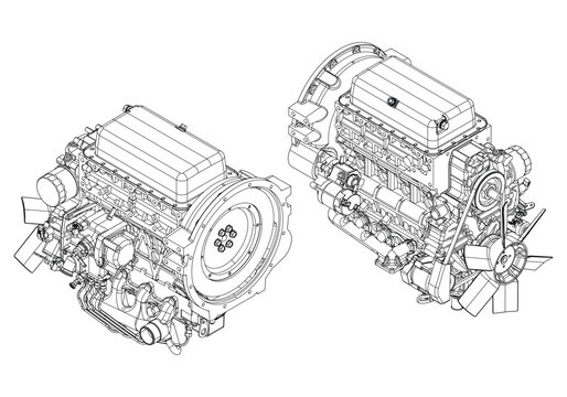 An internal combustion motor. The drawing engine of the machine in section, illustrating the inner structure - the cylinders, pistons, the spark plug. Isolated on white background.
