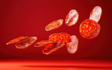 Fototapeta premium Thinly sliced pepperoni spinning mid-air on a bold red background
