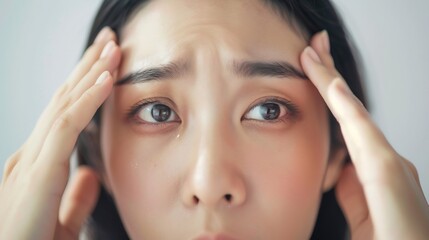 Fototapeta premium Asian woman highlights dark circles under her eyes indicating toll of sleep deprivation worry weariness insomnia exhaustion visible her tired look showing signs of emotional strain physical fatigue