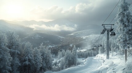 Snowy mountain valley with chairlift at sunset.