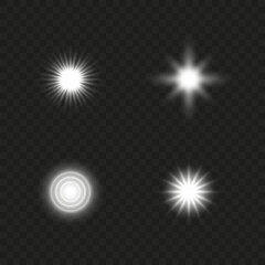 A set of white light effects on a dark background. Collection of vector flares. White glare. Vector illustration EPS10