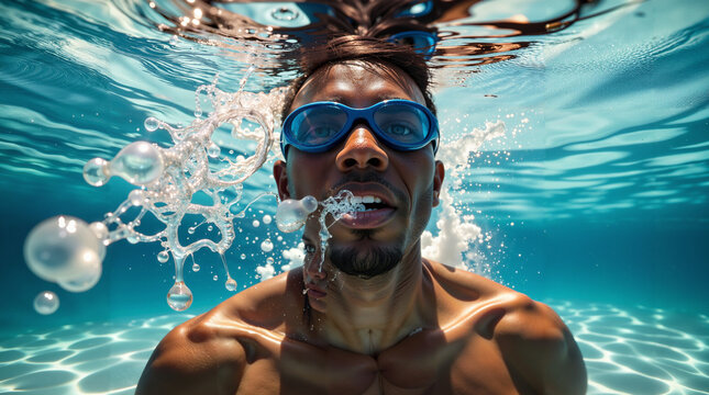 Close-up of african american man underwater in a pool with goggles and bubbles, concept of adventure, exploration, and summer sports
