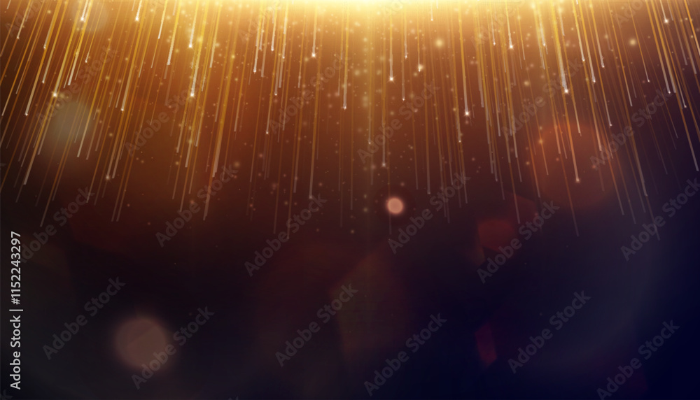 Poster golden vertical lines of light with glitter shimmering particles for background and overlay. glowing