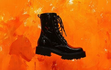 A bold black lace-up stiletto levitating on a fiery orange background