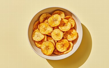 A bowl of crispy plantain chips with a honey drizzle, on a light yellow background